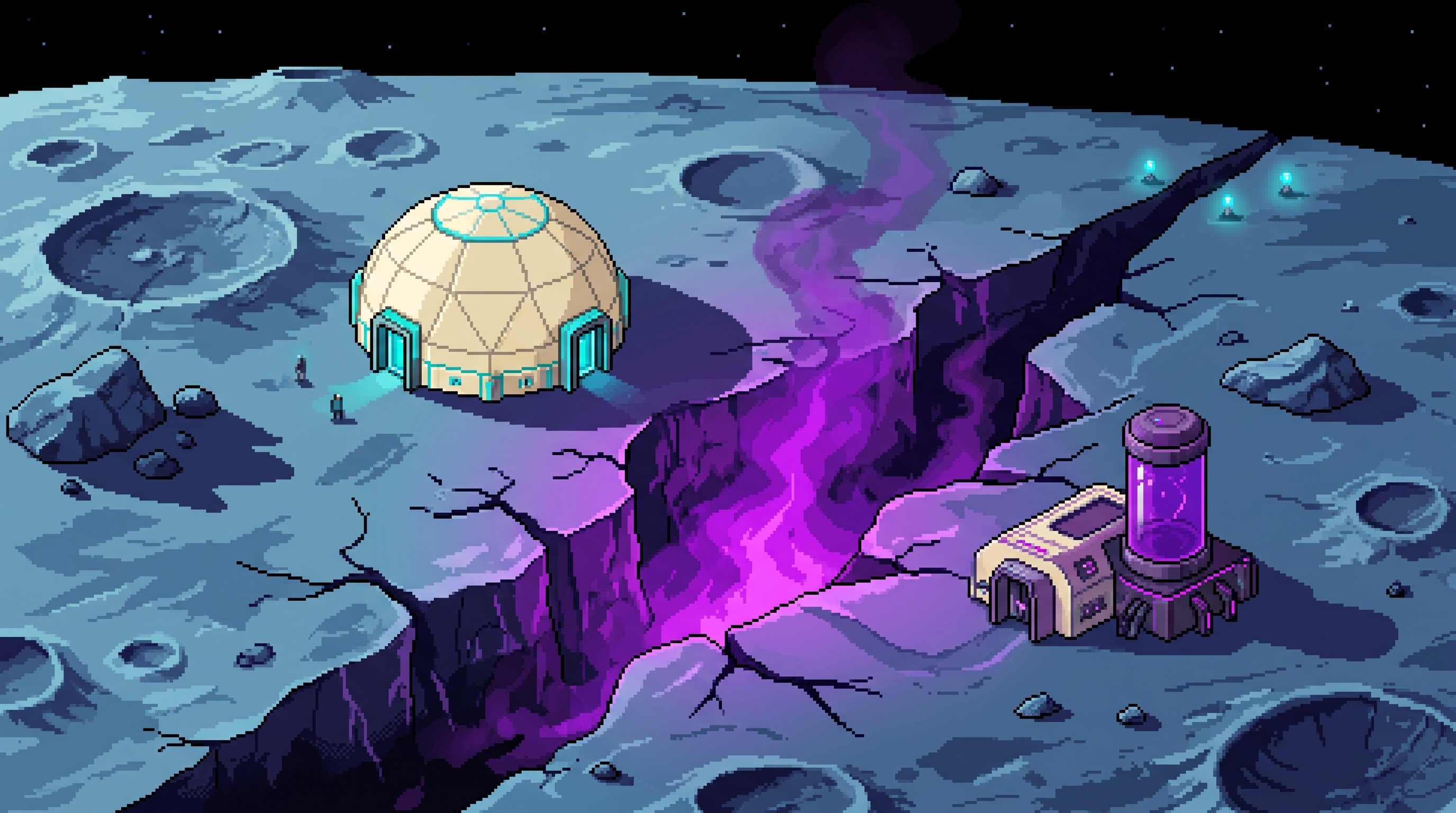 A purple alien fissure glows beneath the regolith near a research dome.